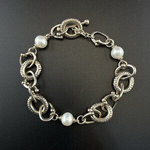 Michael Dawkins Bracelet Sterling Silver Pearl Chain Link 8" Toggle 925